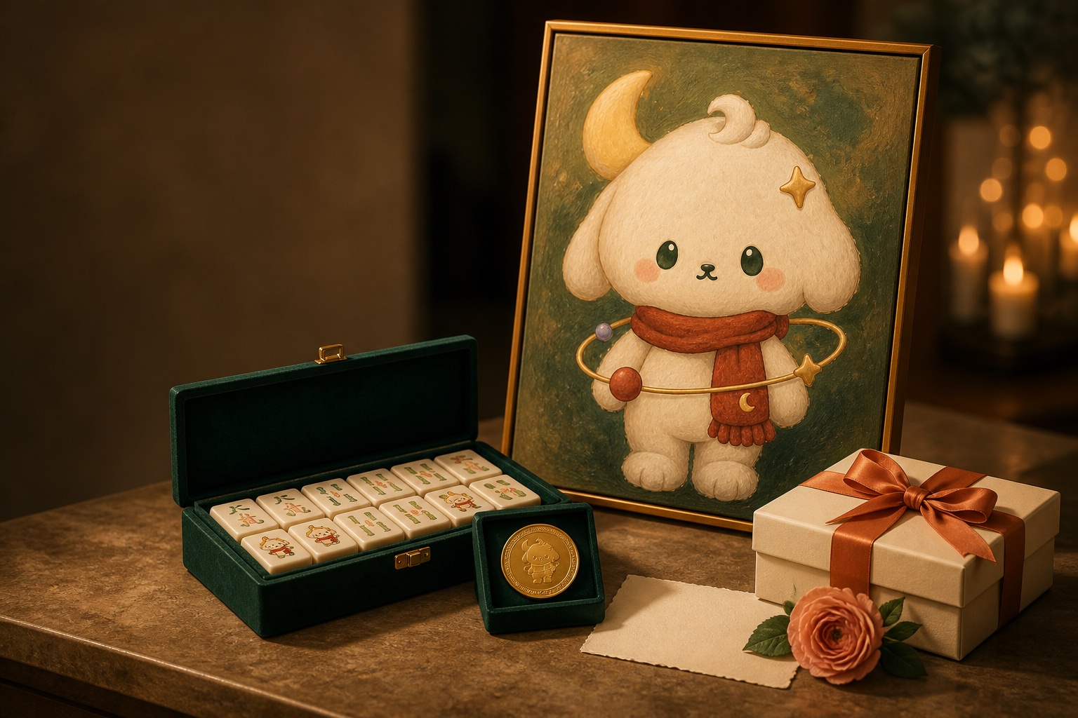 A personalized gift scene with a framed portrait, custom Mahjong set, commemorative coin and gift box