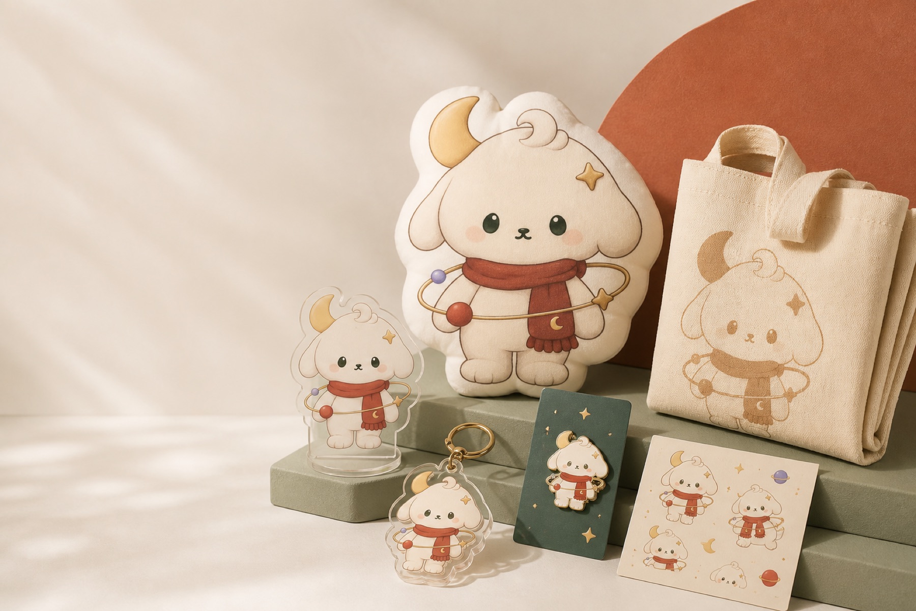 WONDERFORM original mascot shown across acrylic, textile, pin and paper merchandise