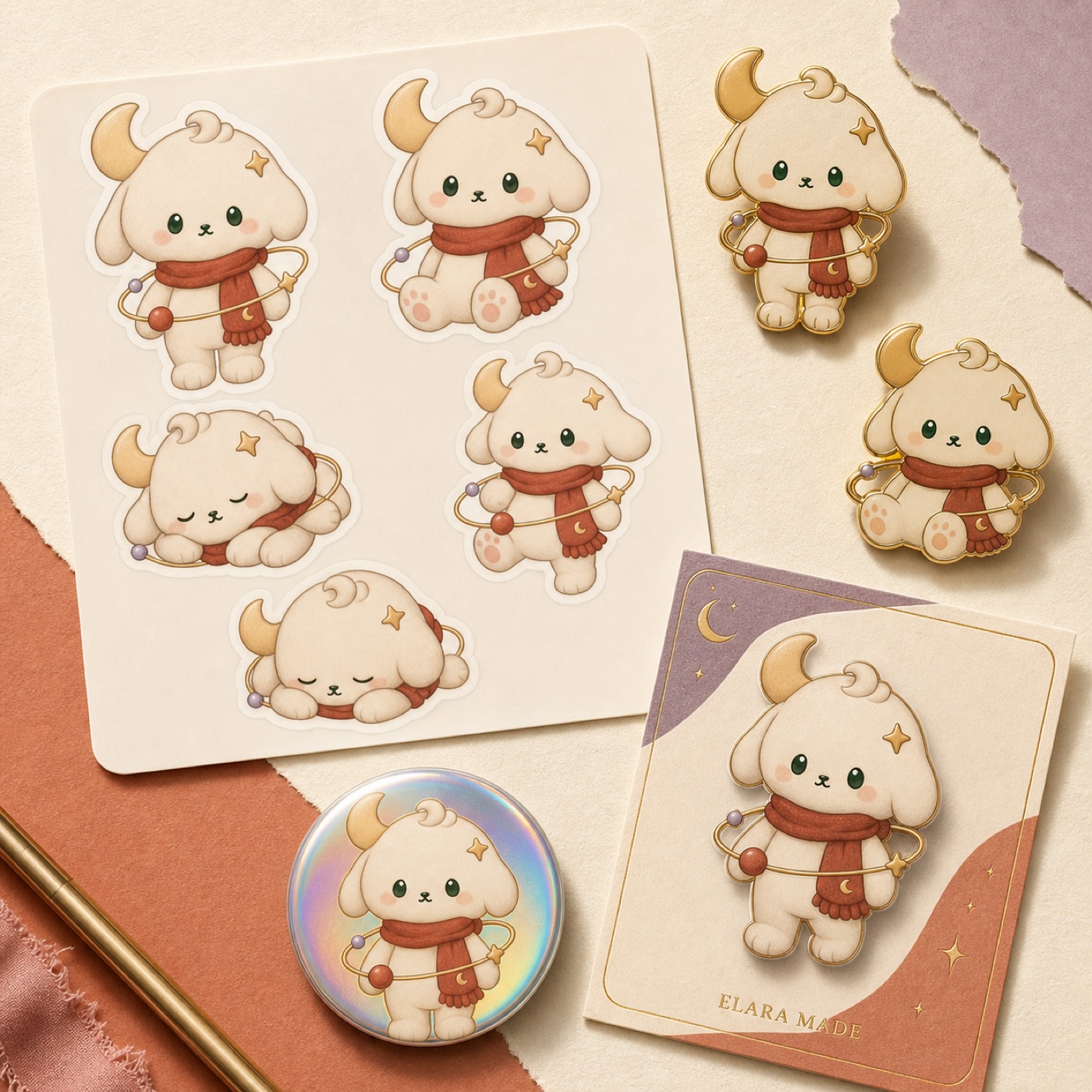 Orbit Friend stickers, enamel pins and badge samples